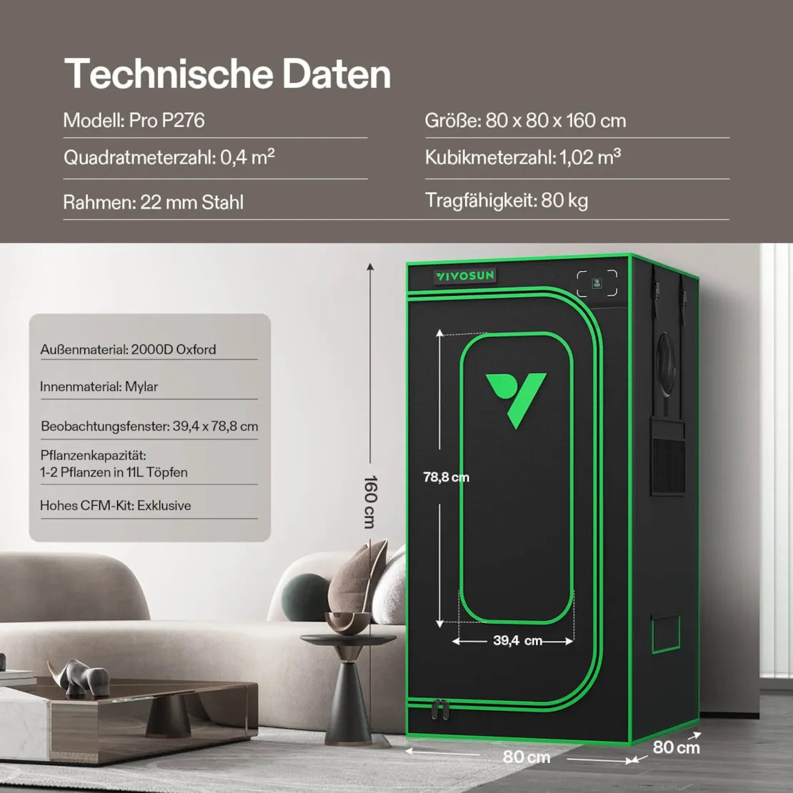 Smartes Komplettset Pro (80×80×160 cm) 100 Watt AeroLight LED und AeroZesh T4 Lüfter