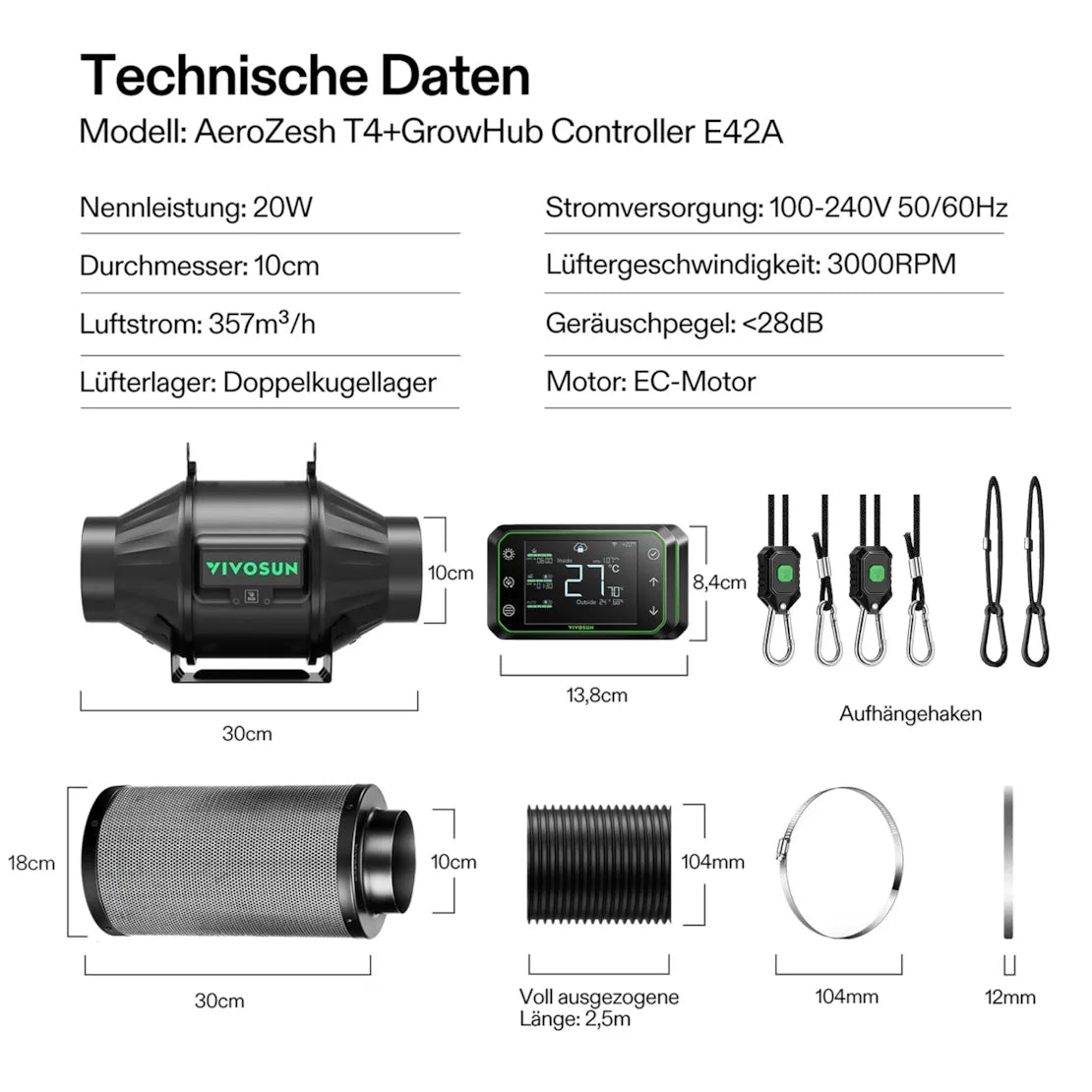 Smartes Komplettset (90×50×160 cm) 100 Watt AeroLight LED und AeroZesh T4 Lüfter
