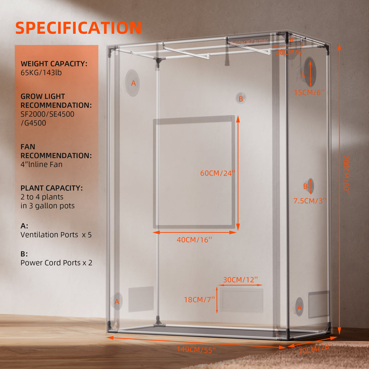 Ein transparentes Zuchtzelt für den Innenbereich, wie beispielsweise die Spider Farmer Pro Growbox (140 × 70 × 200 cm), verfügt über deutlich gekennzeichnete Abmessungen, Empfehlungen für Zuchtleuchten und Ventilatoren – einschließlich der Kompatibilität mit modernen LED-Zuchtleuchten –, Angaben zur Tragkraft, Belüftungsspezifikationen, Anschlüsse für Netzkabel sowie einen leuchtend orangefarbenen Text, der die Pflanzenkapazität angibt.