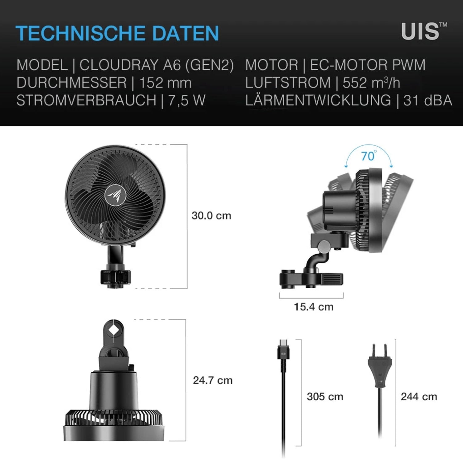 CLOUDRAY A6 smarter Schwenkventilator mit Stangenclip Ø 15 cm 7,5 Watt