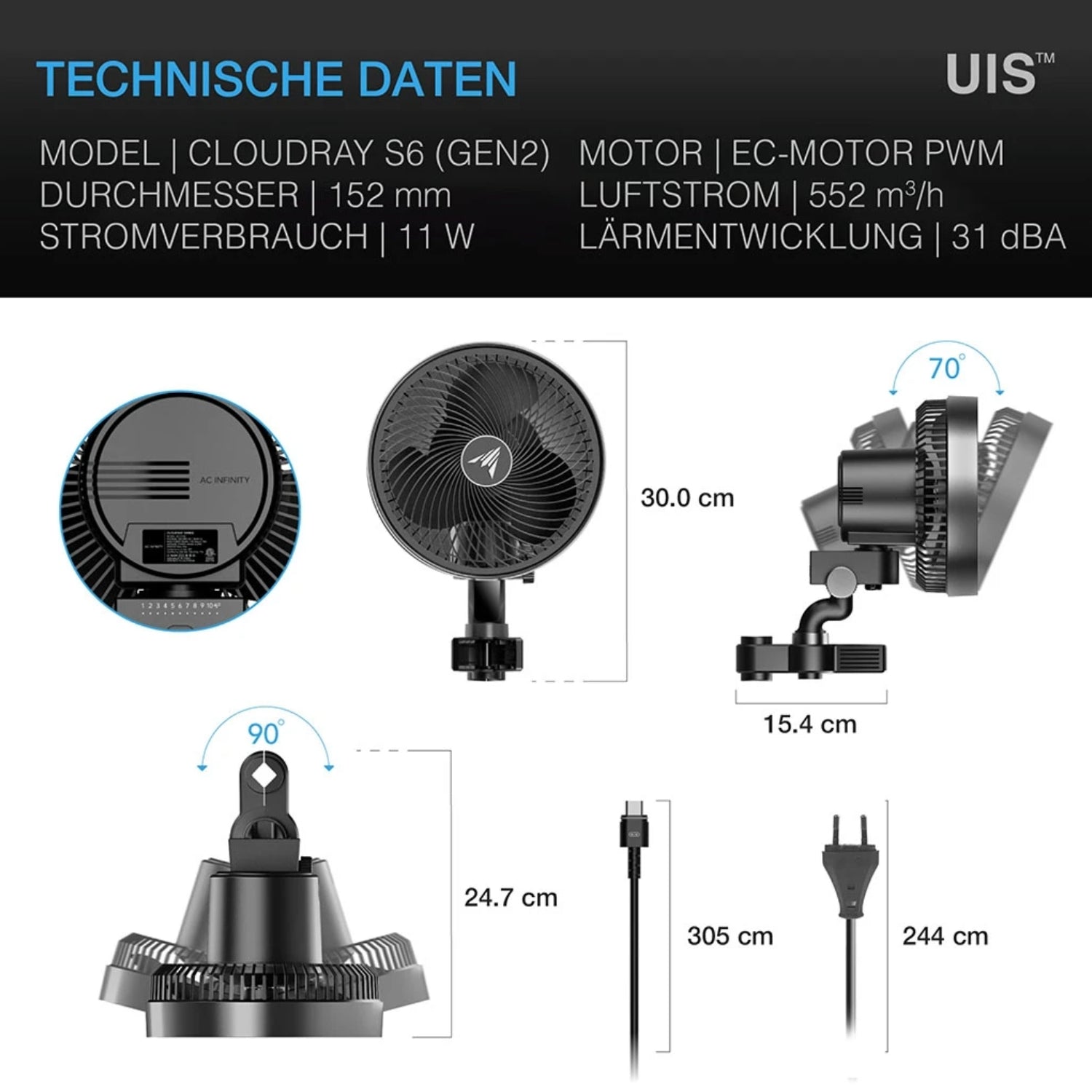 CLOUDRAY S6 smarter Schwenkventilator mit Stangenclip Ø 15 cm 11 Watt