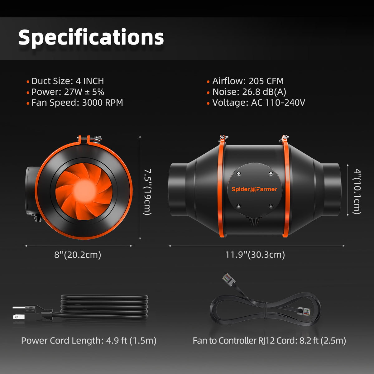 Spider Farmer G1500 Komplettset – Maße und Daten des 100 mm Lüfters