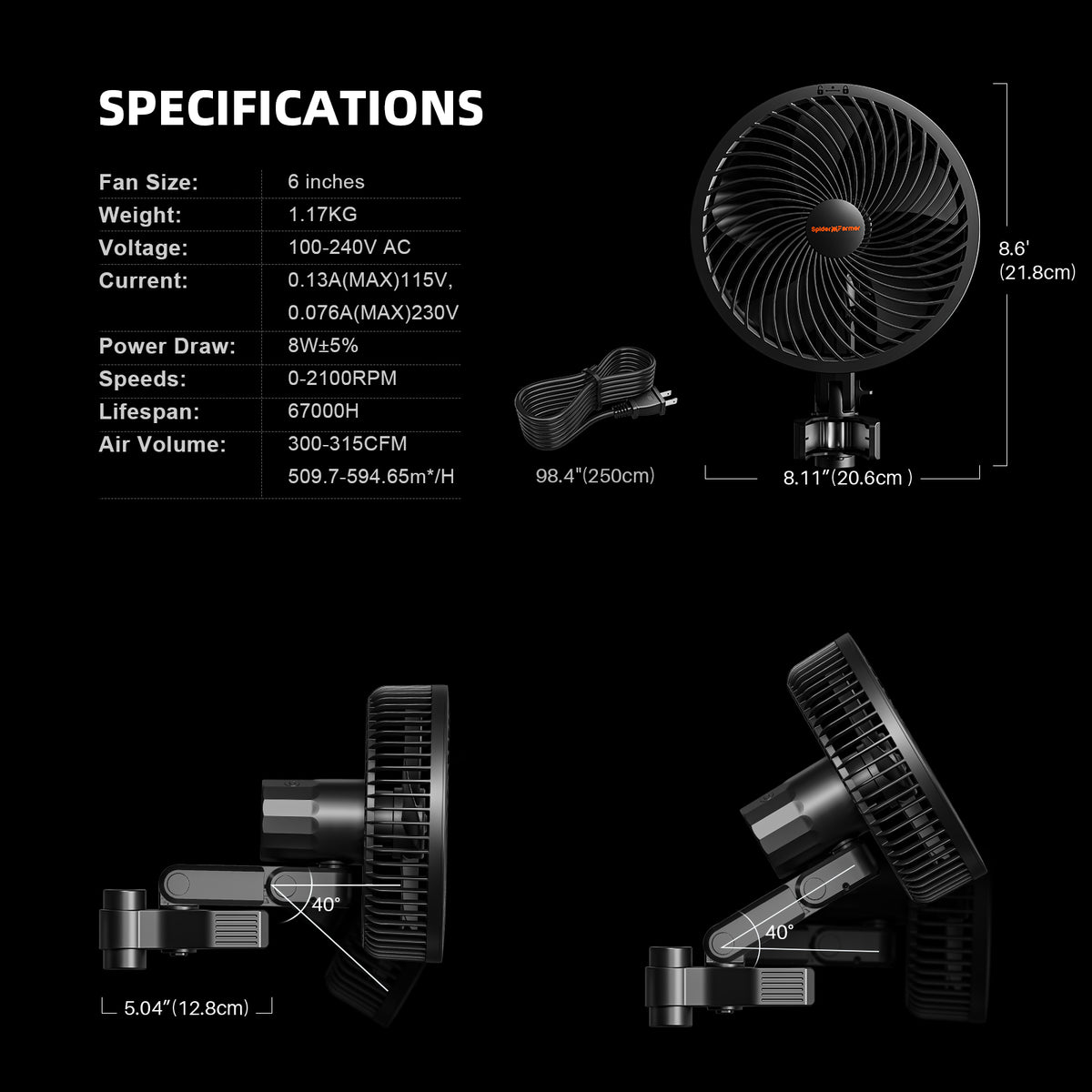Spider Farmer G4500 Komplettset – Technische Daten des Clipventilators