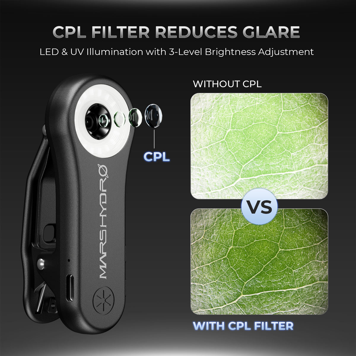 CPL-Filter des Mars Hydro 200X Smartphone-Mikroskops zur Reduzierung von Reflexionen