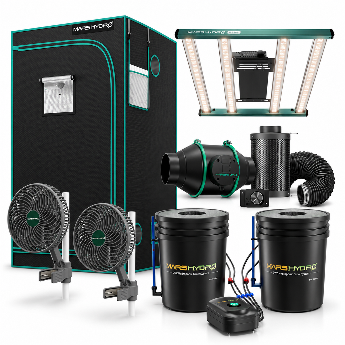 Mars Hydro DWC Growbox-Komplettset 100x100x180 cm mit FC3000, iFresh, Umluft und zwei DWC-Töpfen
