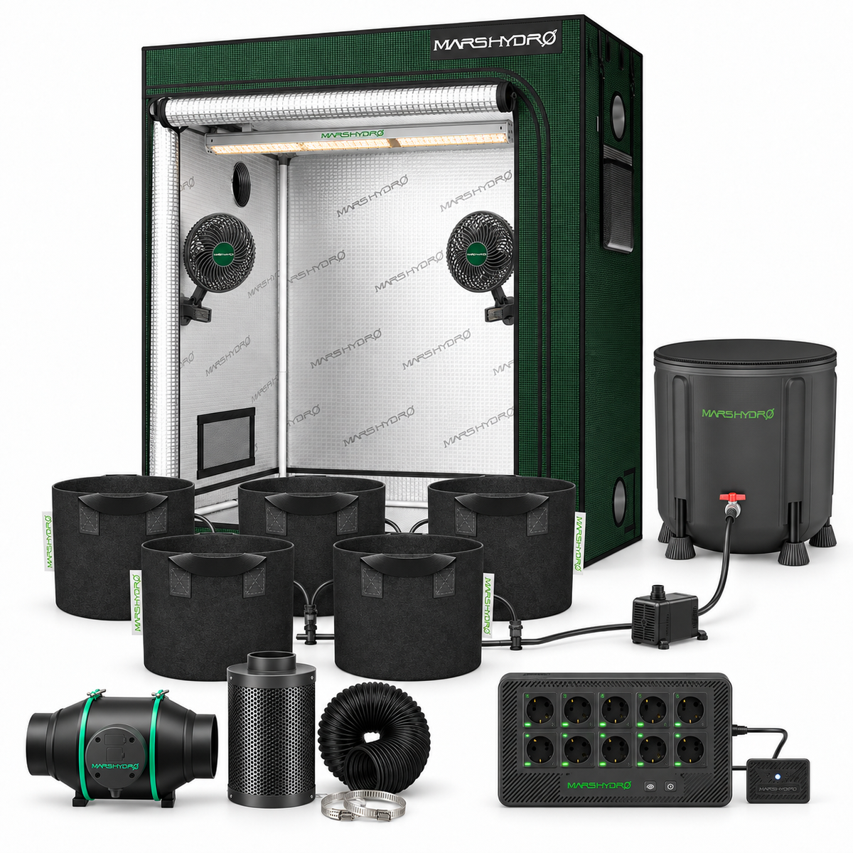 Mars Hydro Pro Komplettset (120x60x180 cm) 300 Watt SP3000 LED mit iFresh und iConnect für smarte Steuerung mit Tropfbewässerung – Set-Komponenten