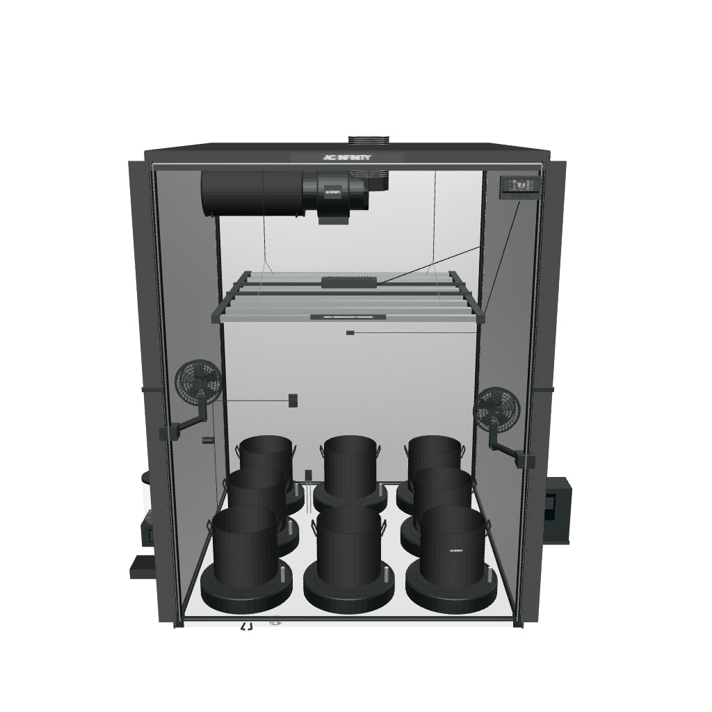 AC Infinity Smartes All-in-One Komplettset (150x150x200 cm) 730 Watt IONFRAME EVO8 Samsung LED mit Luftbefeuchter, Heizgerät und CONTROLLER AI+ – 3D-Ansicht