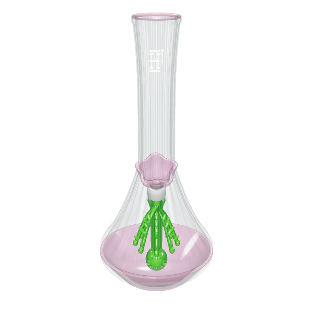 HEMPER Flower Vase XL Bong – auf 10 Zoll korrigierte rosa Vase mit echten Glasrillen, Blütenkopf und ausgearbeitetem grünem Ball-Perkolator; Glaswirkung angenähert