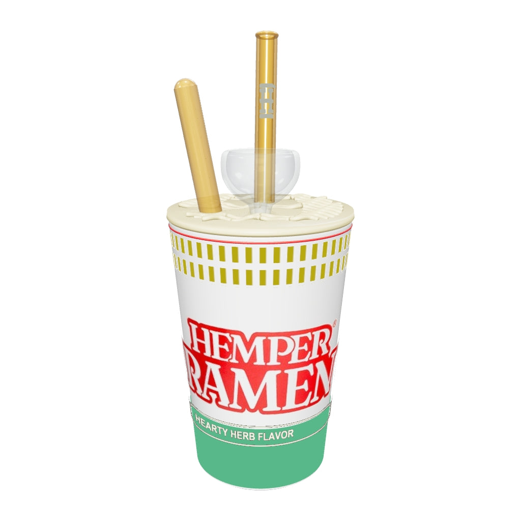 HEMPER Ramen Cup Bong – nach Hersteller-Drehansichten korrigierte Chopsticks, größere Bowl, H-Decal und erhabenes Nudeltop; Glaswirkung angenähert