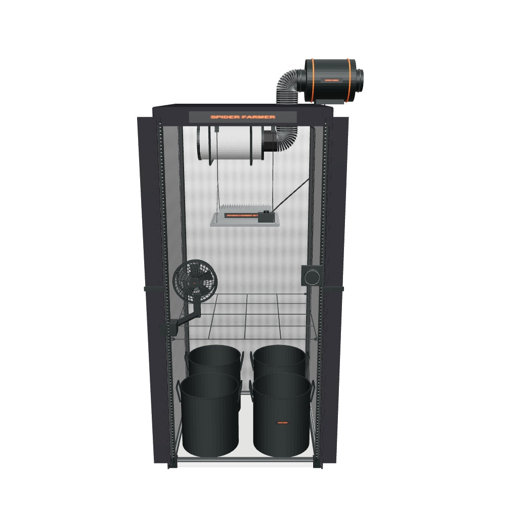 Spider Farmer Komplettset (70x70x160 cm) 100 Watt SF1000 LED – 3D-Modell mit enthaltenen Stofftöpfen und Zubehör