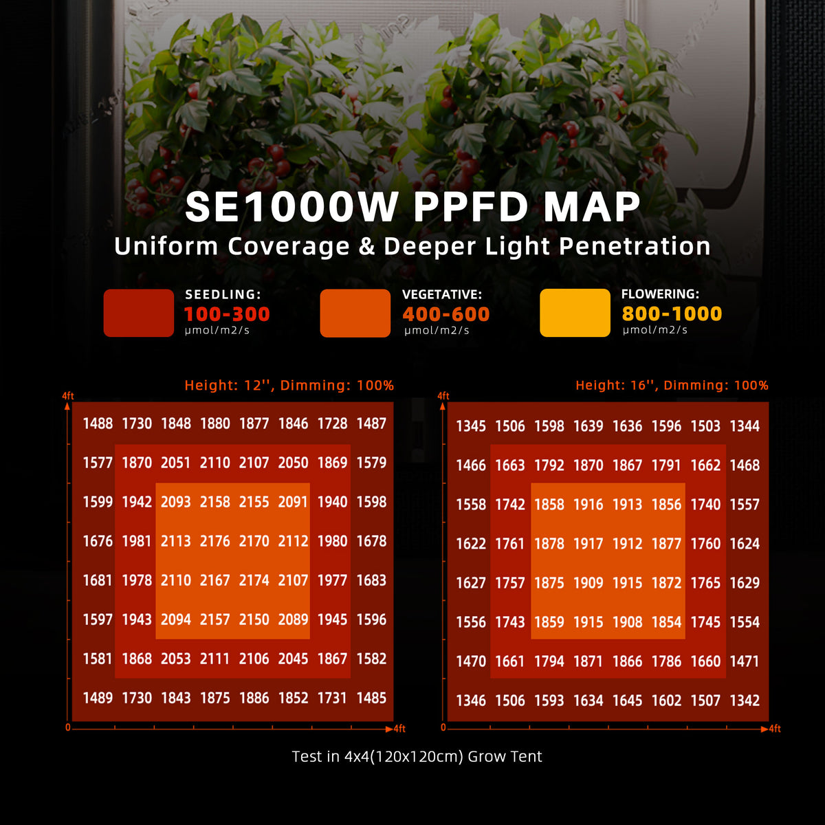 Spider Farmer SE1000W Komplettset – SE1000W PPFD-Verteilung