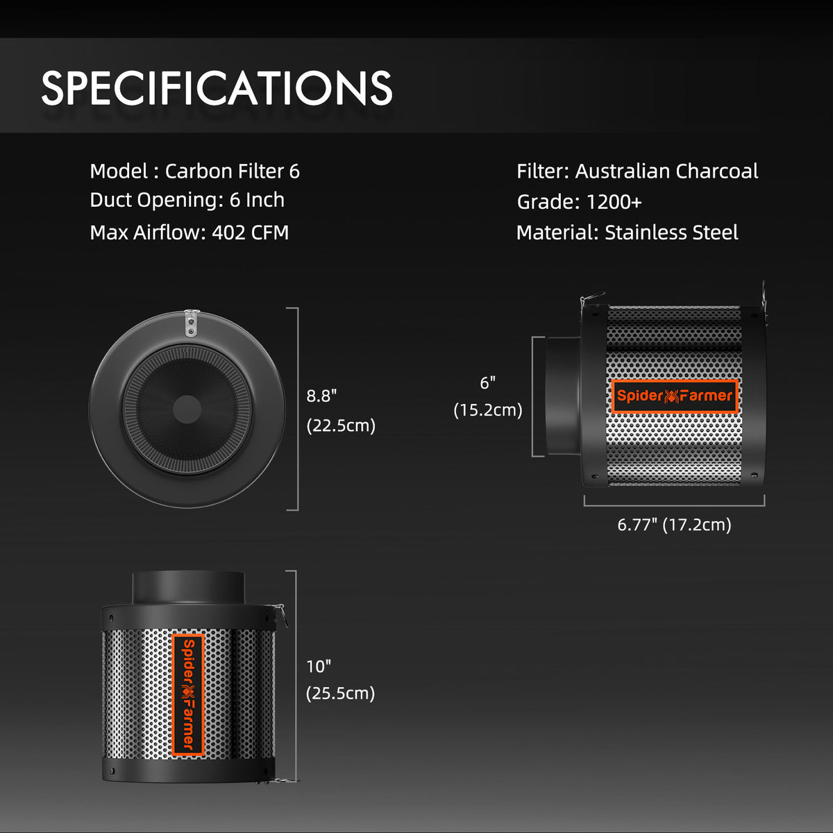 Spider Farmer SE1000W Komplettset – Aktivkohlefilter Maße