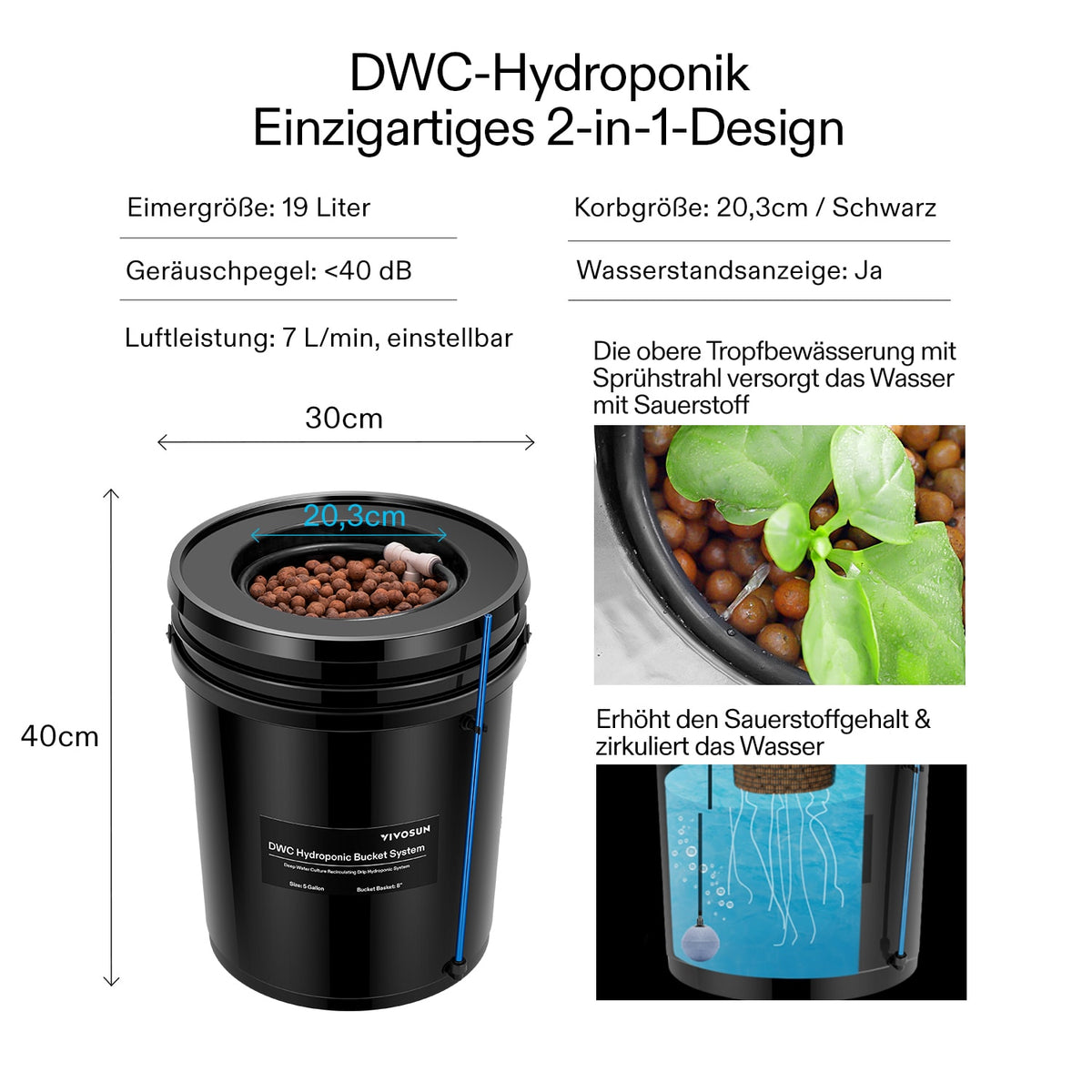 VIVOSUN DWC Hydroponiksystem mit 1 Topf 18,9 L – Abmessungen und technische Daten