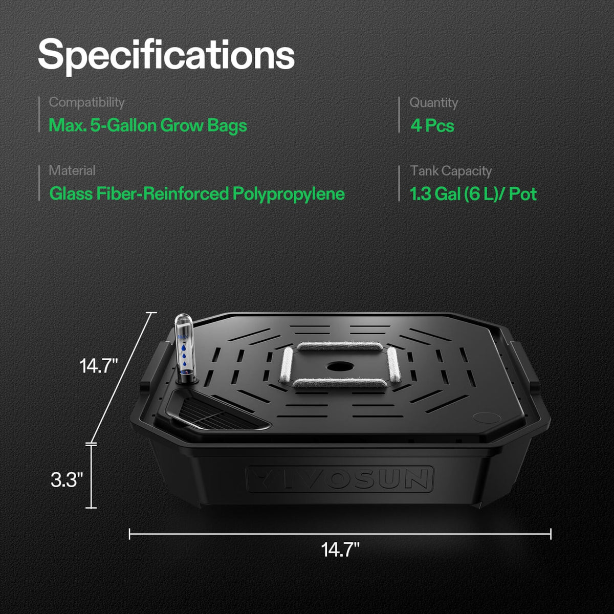 VIVOSUN FlexFeed Bewässerungsbasen mit 6 L Reservoir (4er-Pack) – Abmessungen der Bewässerungsbasis