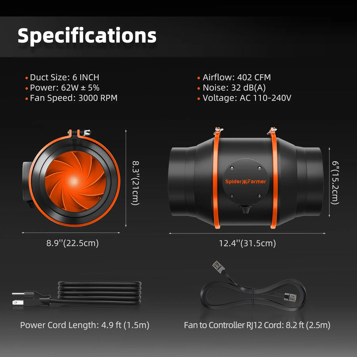 Spider Farmer Master Komplettset 120x120x200 cm – Rohrventilator Maße und technische Daten