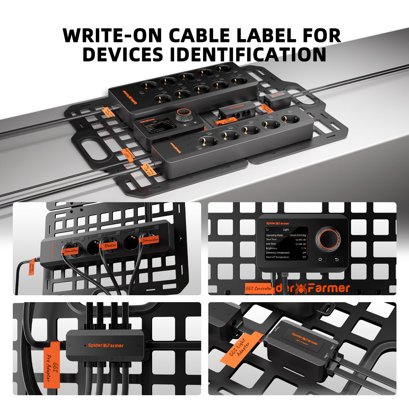 Vier Bilder zeigen schwarze Elektronikgeräte, die auf einer Gitterplatte montiert sind. Orangefarbene, beschriftbare Kabeletiketten kennzeichnen verschiedene Stecker und Kabel und sorgen so für eine übersichtliche Organisation der Indoor-Anbaugeräte sowie eine effiziente Organisation des Growzeltes mithilfe des „Spider Farmer Gearboard“-Montage- und Organisationssystems für Anbauzubehör.
