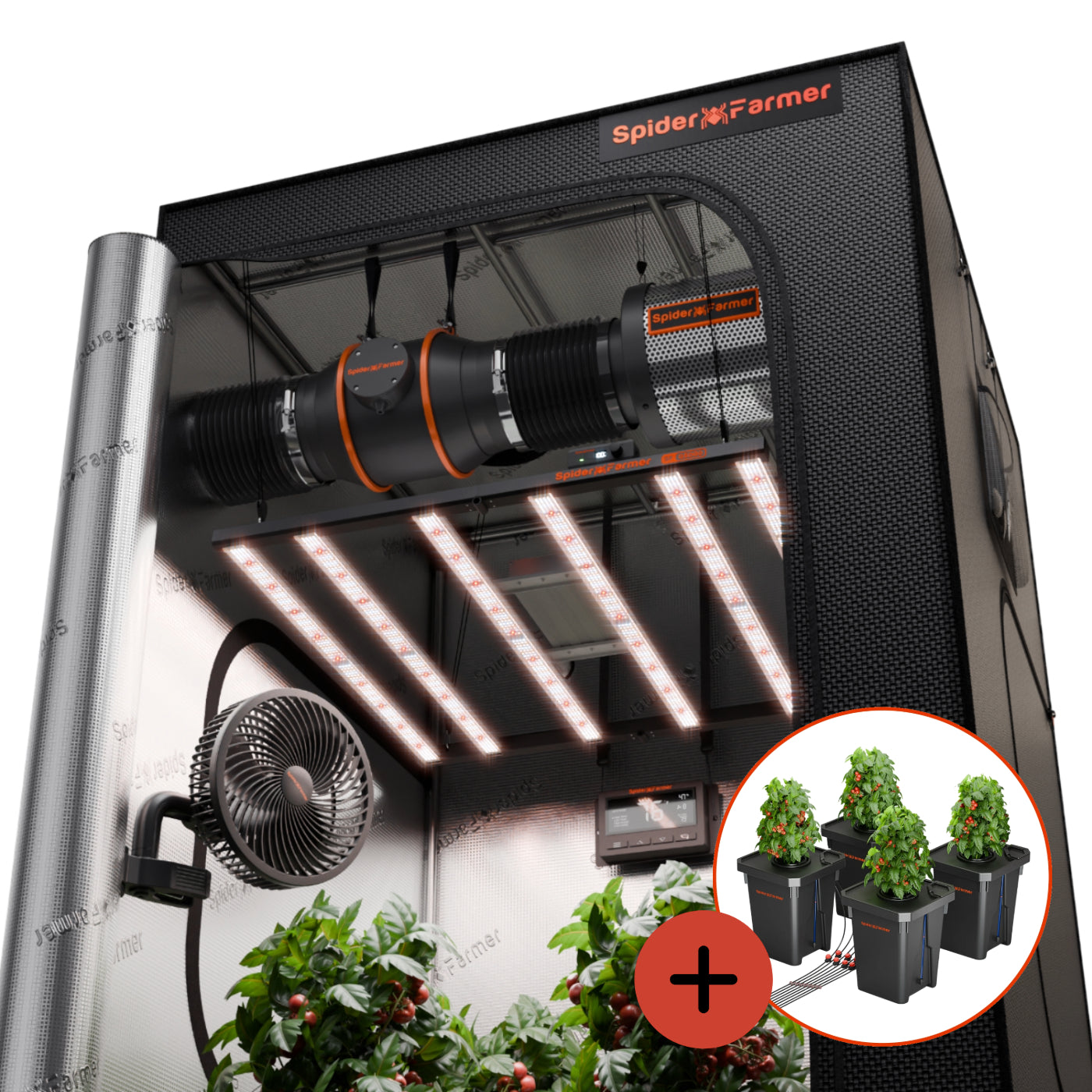 Hydroponik (DWC) Komplettset (120x120x200 cm) 480 Watt EVO LED mit Klimasteuerung und 4 Töpfen