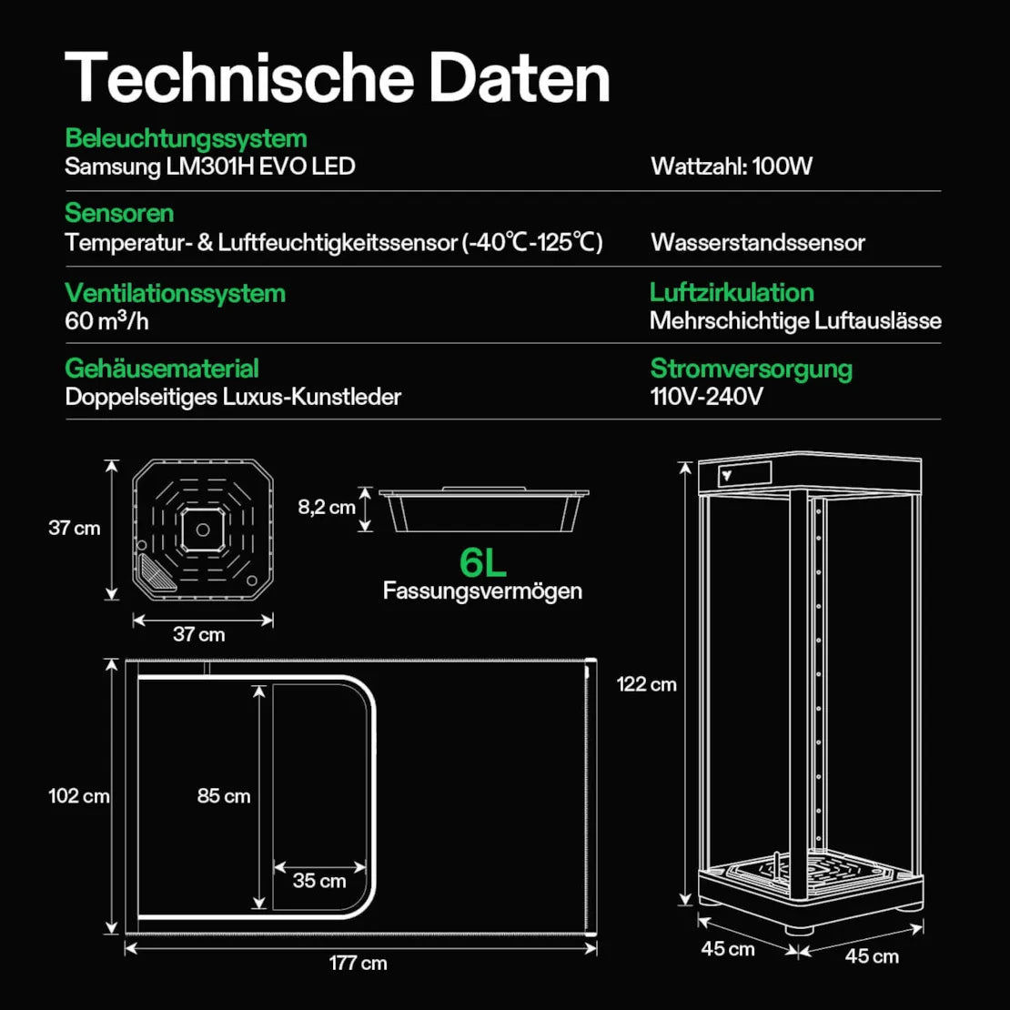 VGrow Smartes All-in-One Komplettset (45×45×122 cm) 100 Watt