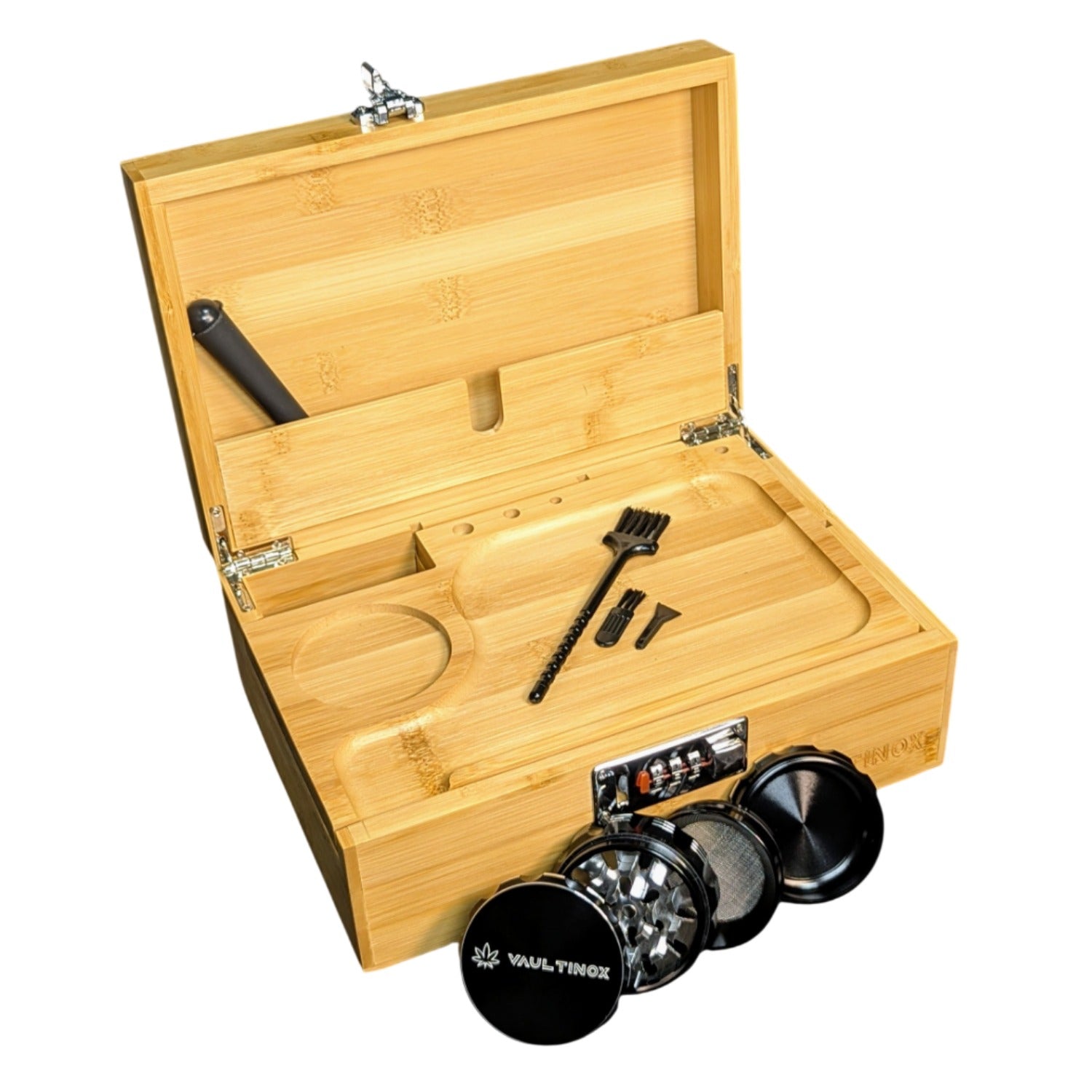 Vaultinox  Abschließbare Stonerbox aus Bambus inkl. Rolling Tray, Grinder & Zubehör