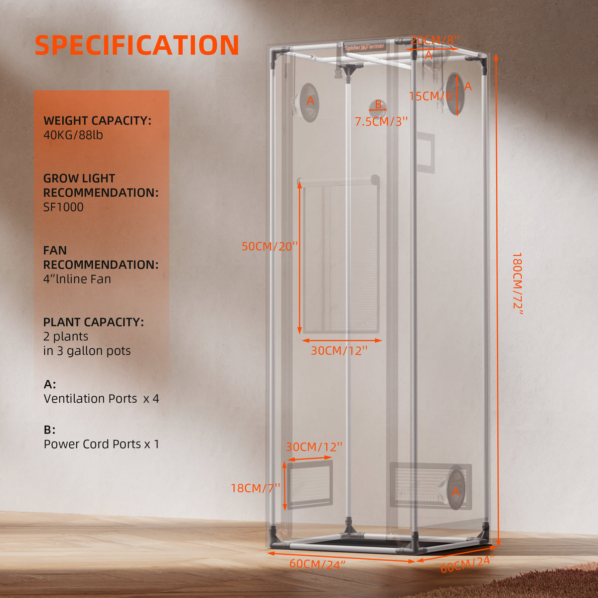 Ein transparentes Indoor-Zuchtzelt wie die Spider Farmer Pro Growbox (60 x 60 x 180 cm) verfügt über deutlich gekennzeichnete Abmessungen und umfasst Belüftungs- und Stromanschlüsse, einen Ventilator, Angaben zu Gewicht und Pflanzenkapazität sowie eine empfohlene Zuchtlampe. Das aus robustem 2000D-Oxford-Gewebe gefertigte Zelt bietet höchste Strapazierfähigkeit und bietet mit einer Höhe von 180 cm bequem Platz für zwei Pflanzen – ideal für den Einsatz mit LED-Zuchtlampen.