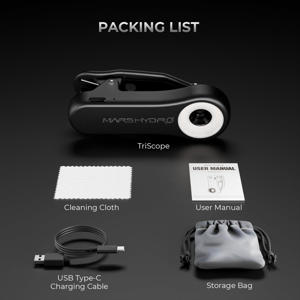 Lieferumfang des Mars Hydro 200X Smartphone-Mikroskops mit USB-C-Kabel und Tasche
