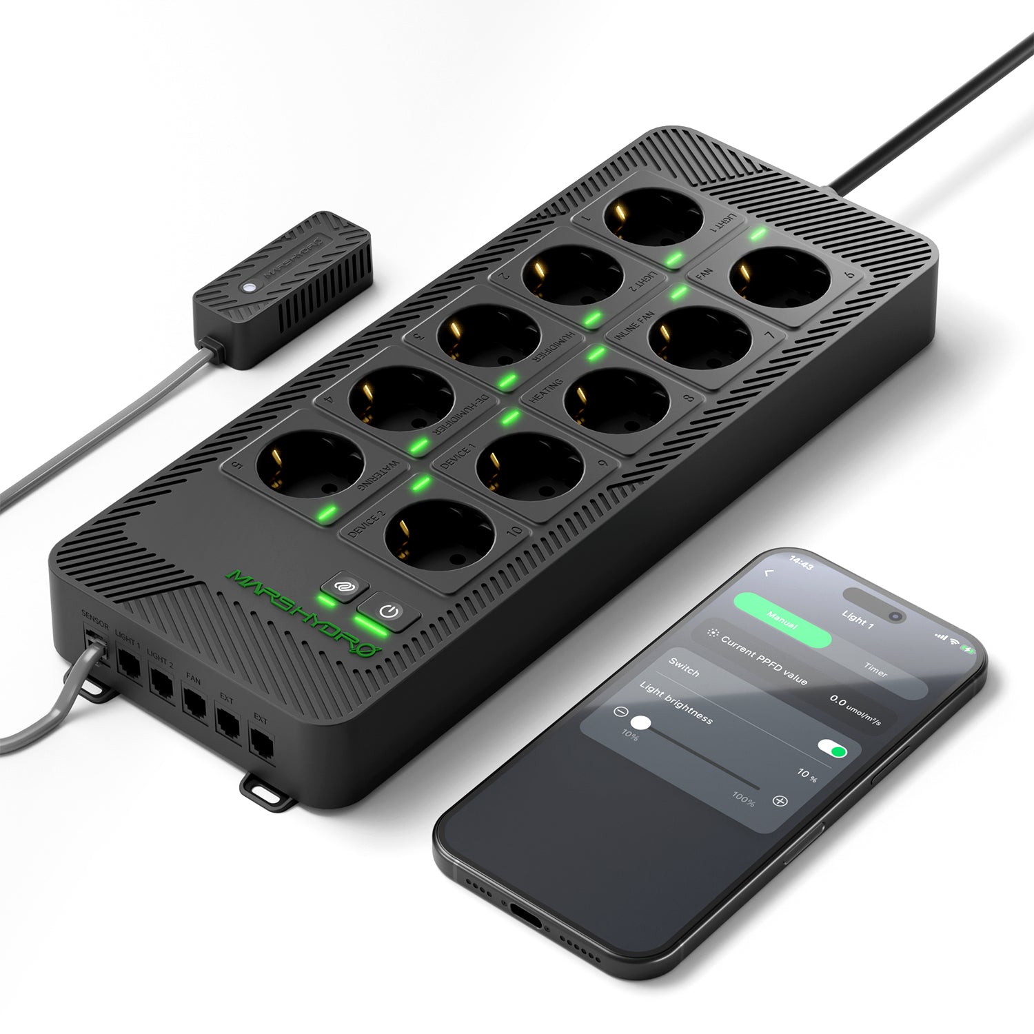 iHub Pro smarte Steckdosenleiste mit Temperatur-, Feuchtigkeits- und Lichtsensor
