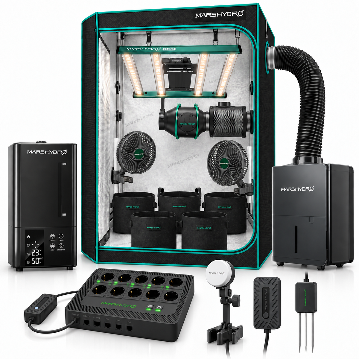 Mars Hydro Klima Komplettset (100x100x180 cm) 300 Watt FC3000 EVO LED mit iFresh und iConnect für smarte Steuerung mit Be- und Entfeuchter und Sensorik – Set-Komponenten