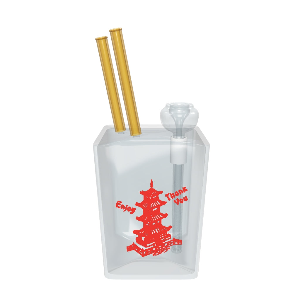 HEMPER Chinese Takeout Bong – nach GoGrow- und HEMPER-Fotos korrigierte Box, Stäbchen, rechter Steckkopf und originale Seitenmotive; Glaswirkung angenähert