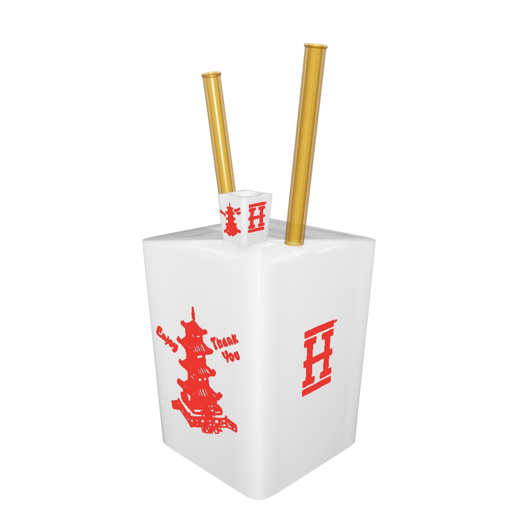 HEMPER Chinese Takeout XL Bong – separat nach GoGrow- und HEMPER-Fotos korrigierte XL-Box mit originalen vierseitigen Drucken und passendem Boxkopf; Glas angenähert