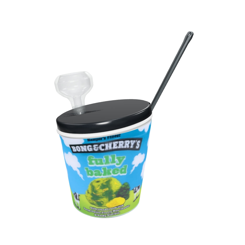 HEMPER Bong & Cherry's Ice Cream Bong – korrigierter 6-Zoll-Becher mit vollständigem Originalrunddruck, schrägem schwarzem Deckel und flachem Löffelgriff; aus GoGrow- und HEMPER-Fotos angenähert