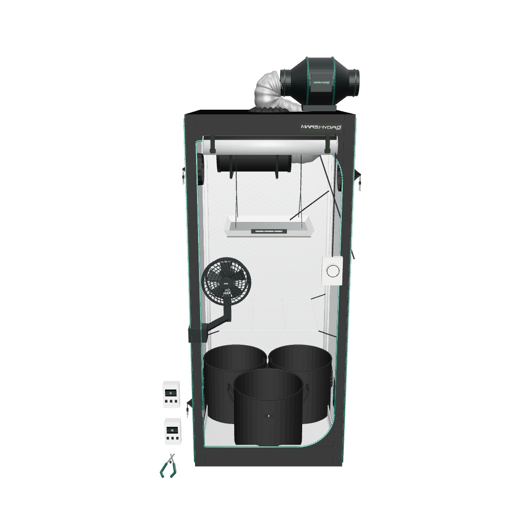 Mars Hydro TS600 Komplettset mit detailliertem 60 × 60 × 140 cm Zelt – 3D-Ansicht
