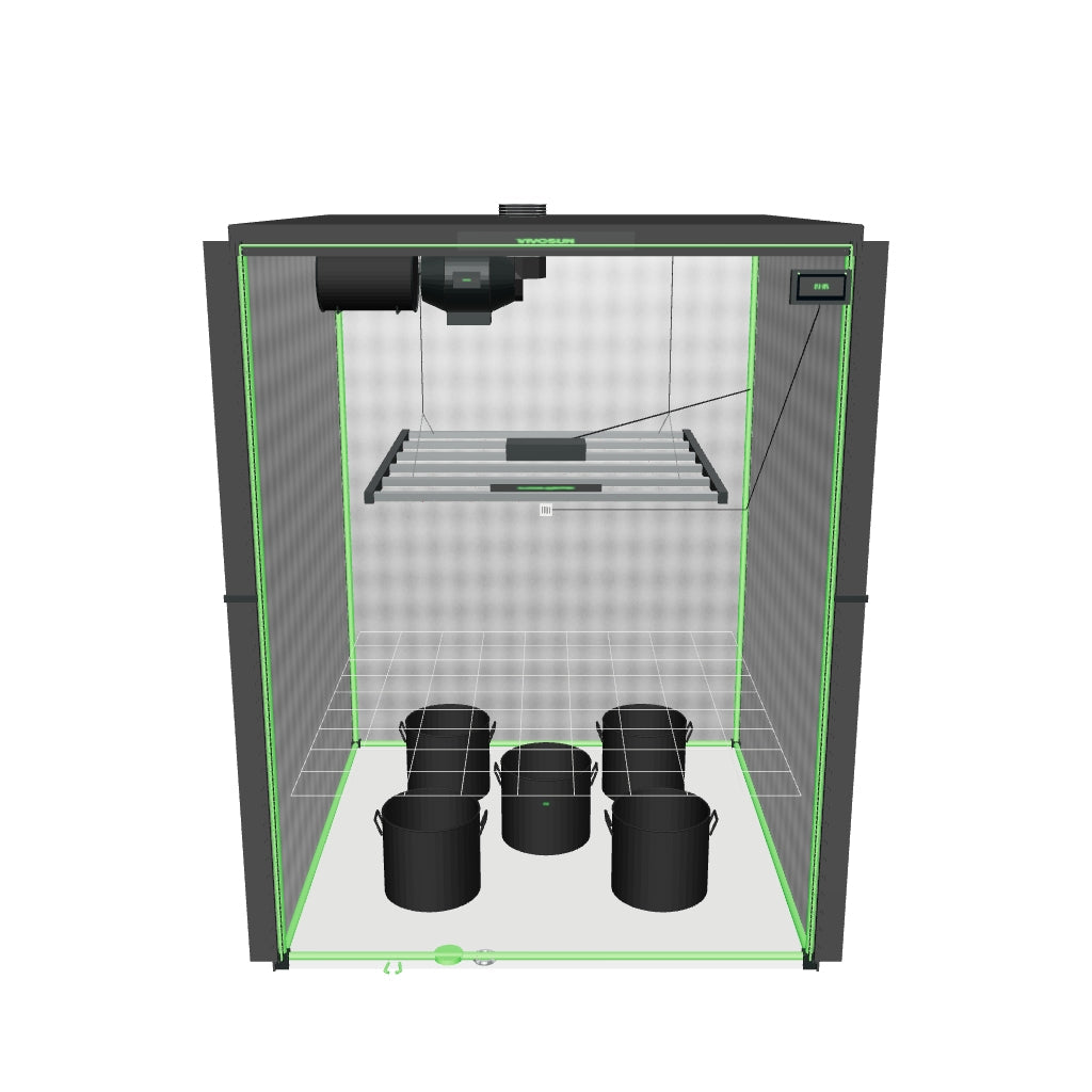 Smartes Komplettset (150×150×200 cm) 750 Watt LumaLight LED, AeroZesh G6 und GrowHub E42A+ – 3D-Ansicht des Lieferumfangs