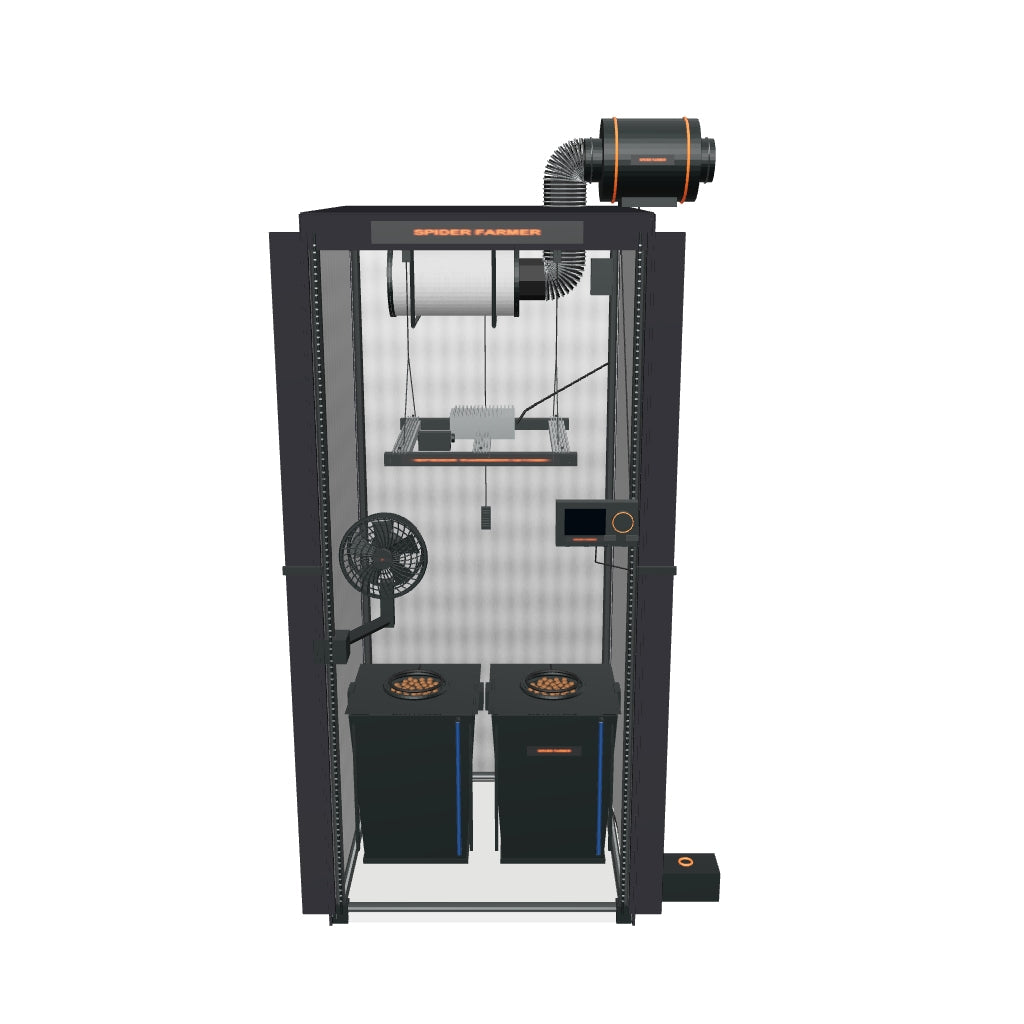 Spider Farmer Hydroponik (DWC) Komplettset (70x70x160 cm) 150 Watt G1500 EVO LED mit GGS für smarte Steuerung und 2 Töpfen – interaktives 3D-Modell mit enthaltenen Komponenten
