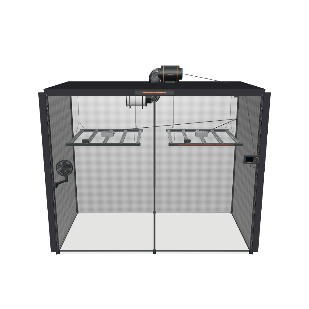 Komplettset (240x120x200 cm) 960 Watt SE5000 EVO LED mit GGS für smarte Steuerung – fotobasierte 3D-Visualisierung; Anordnung und Kleindetails angenähert.
