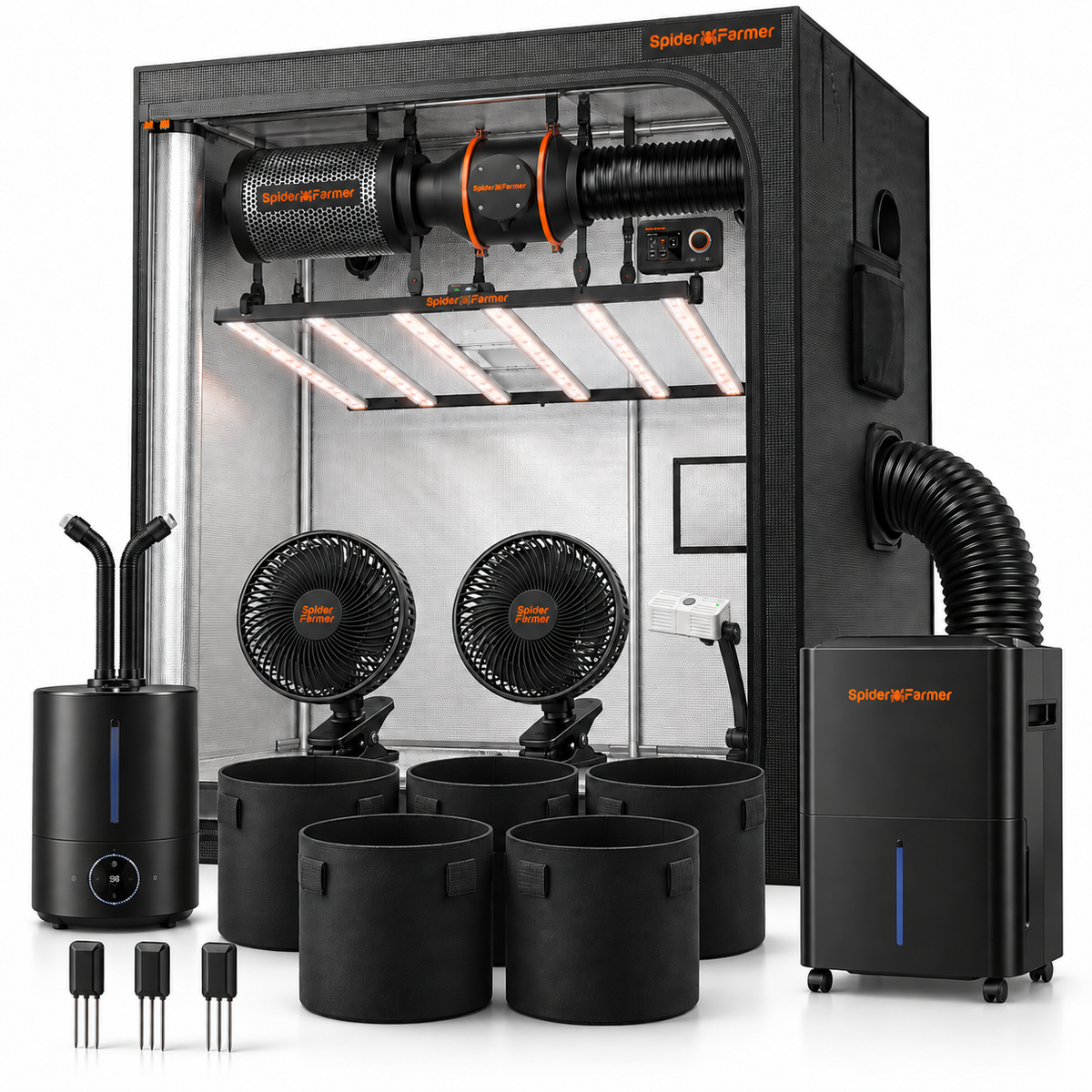 Spider Farmer Klima Komplettset (150x150x200 cm) 730 Watt SE7000 EVO LED mit GGS für smarte Steuerung mit Be- und Entfeuchter und Sensorik – Set-Komponenten
