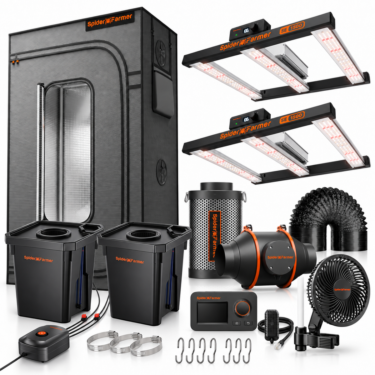 Spider Farmer Master DWC Growbox-Komplettset 120x60x180 cm mit zwei SE1500, Abluft, Umluft und zwei DWC-Töpfen