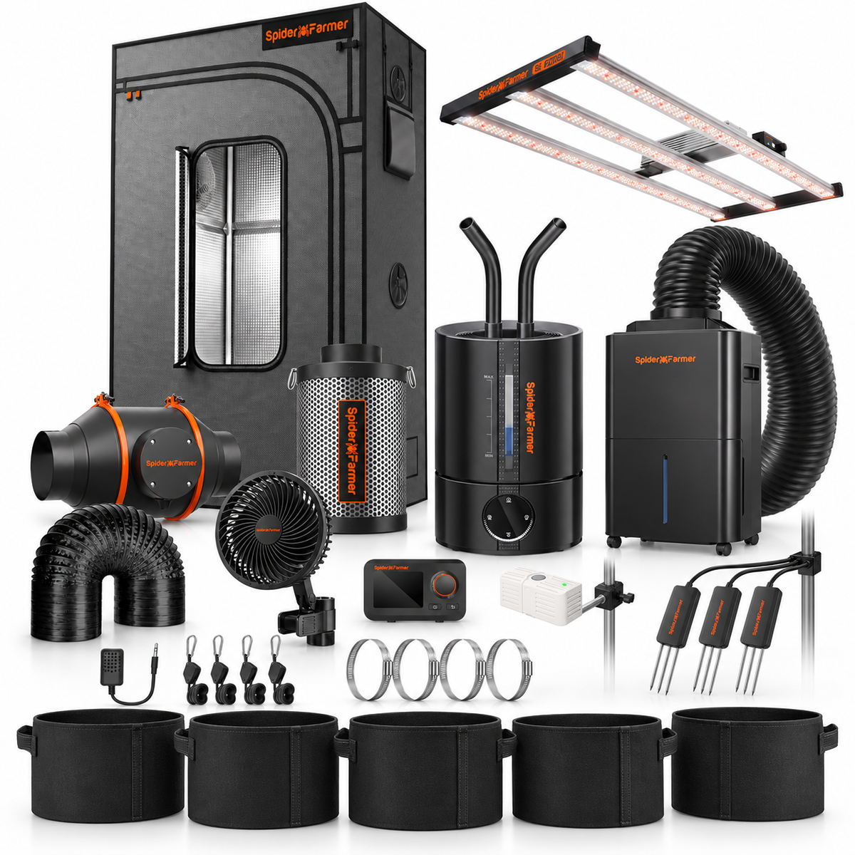 Spider Farmer Master Klima Komplettset (140x70x200 cm) 320 Watt SE4500 EVO LED mit GGS für smarte Steuerung mit Be- und Entfeuchter und Sensorik – Set-Komponenten