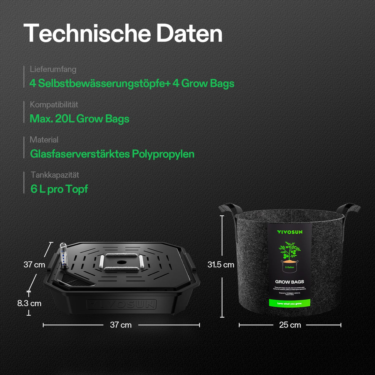 VIVOSUN FlexFeed Selbstbewässerungsset mit 4 Stofftöpfen je 19 L – Abmessungen und technische Daten